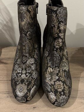 Aldo Metallic Black Floral Ankle Boots - Women's